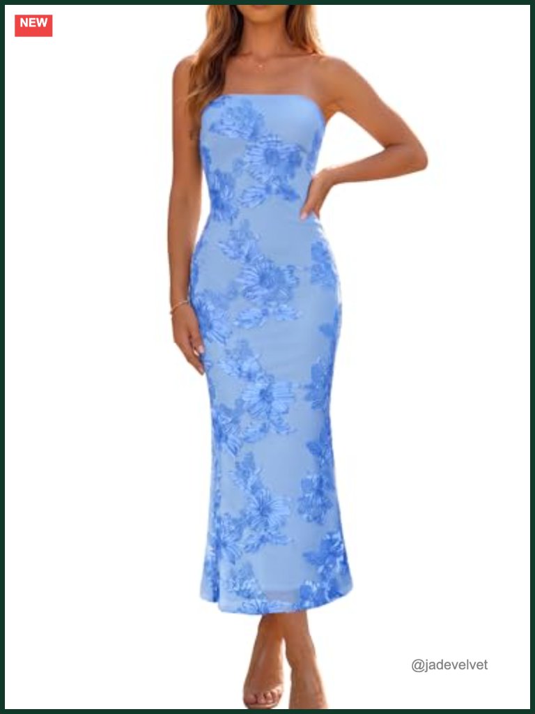 Strapless Bodycon Floral Mesh Maxi Dress Wedding Guest Formal